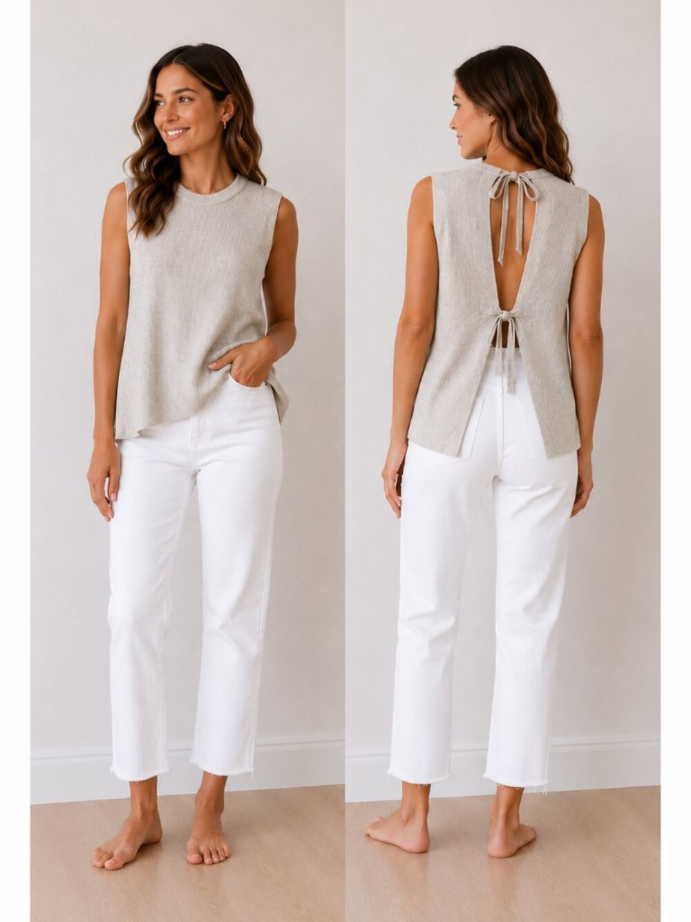 Wilfred Light Gray Knit Sweater with open back and tie details - wool